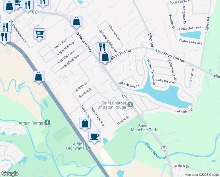 map of restaurants, bars, coffee shops, grocery stores, and more near 18434 Jefferson Highway in Baton Rouge