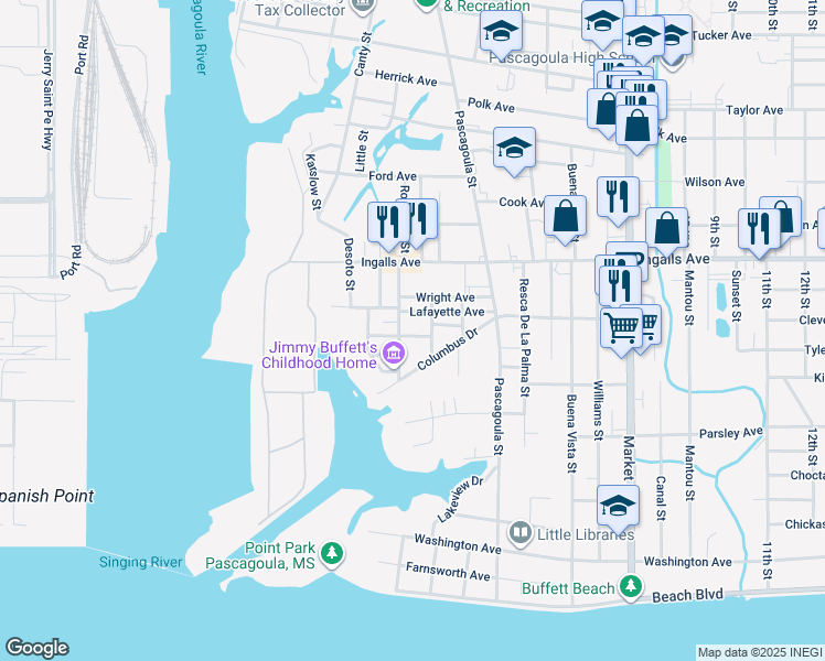 map of restaurants, bars, coffee shops, grocery stores, and more near 811 Mc Kinley Avenue in Pascagoula