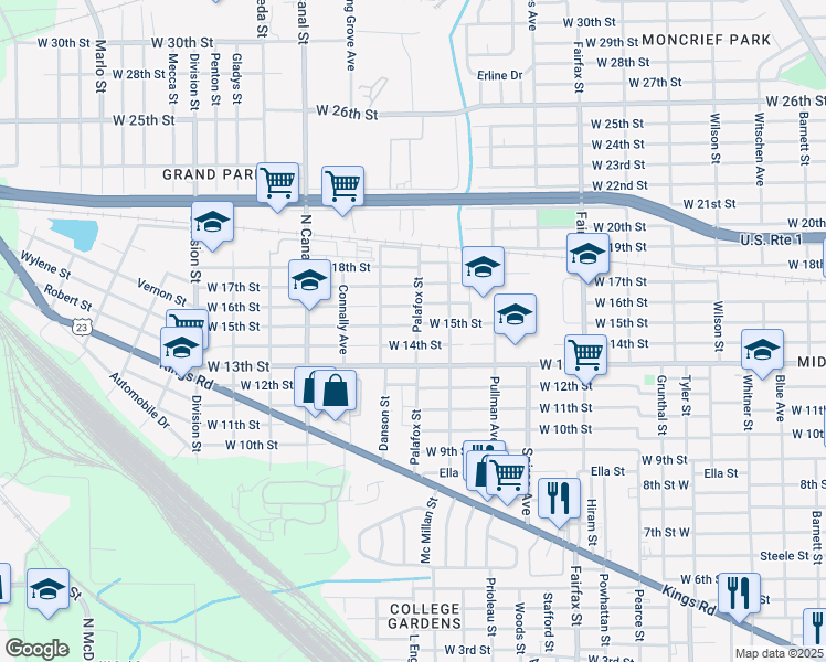 map of restaurants, bars, coffee shops, grocery stores, and more near 2042 West 15th Street in Jacksonville