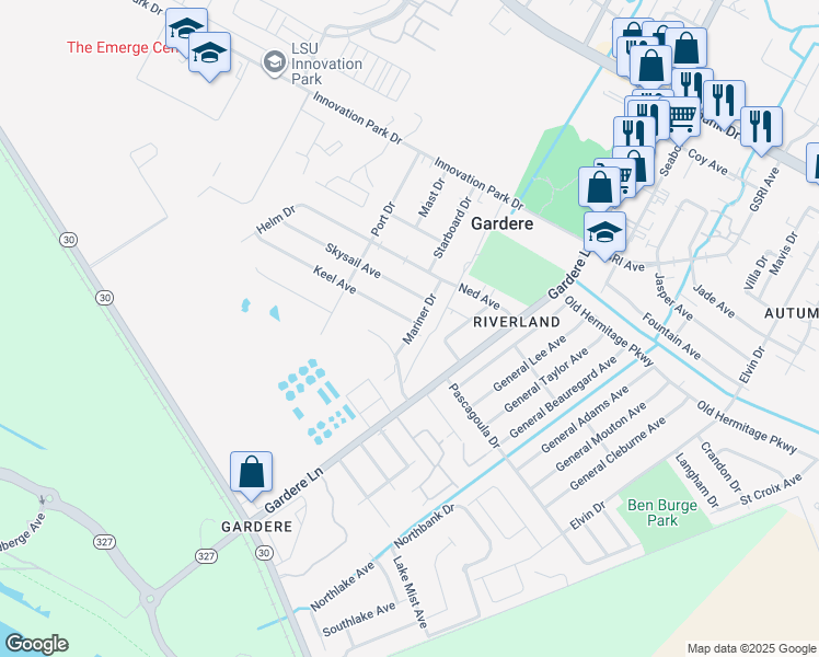 map of restaurants, bars, coffee shops, grocery stores, and more near 8282 Keel Avenue in Baton Rouge