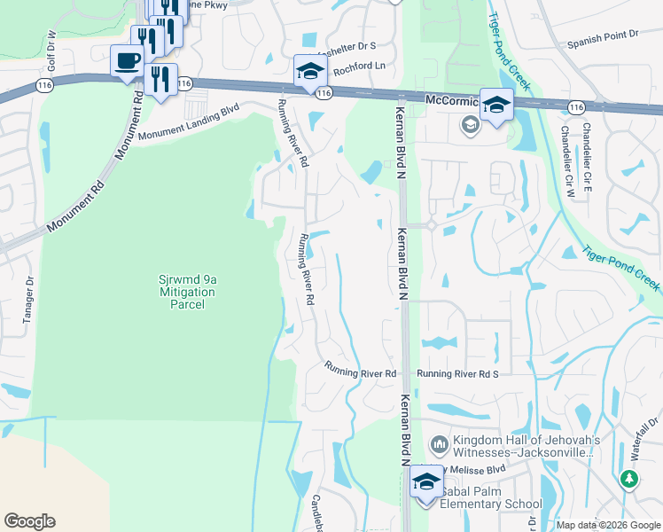 map of restaurants, bars, coffee shops, grocery stores, and more near 1599 Panther Ridge Court in Jacksonville