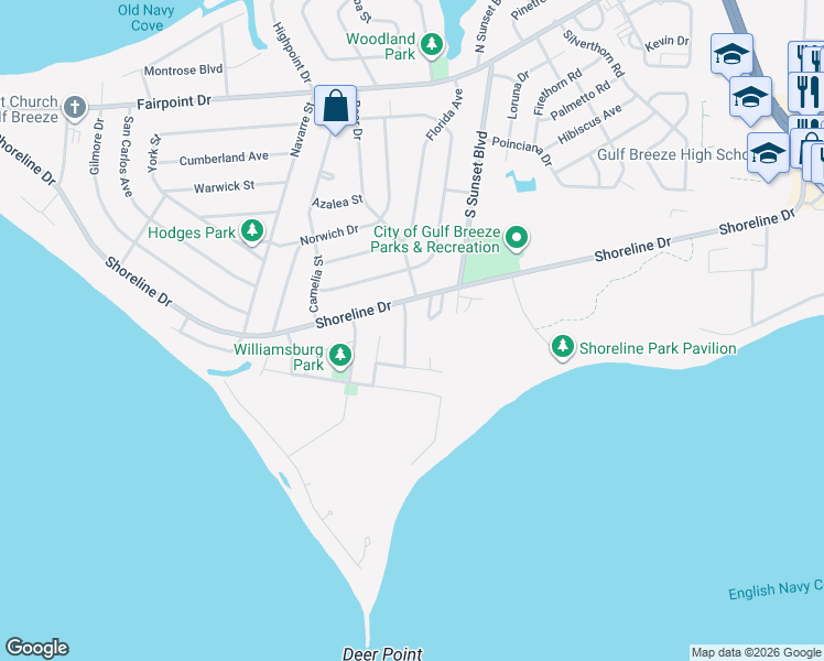 map of restaurants, bars, coffee shops, grocery stores, and more near 706 Jamestown Drive in Gulf Breeze