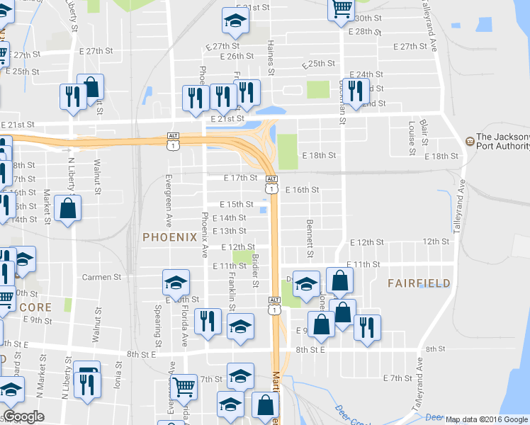 map of restaurants, bars, coffee shops, grocery stores, and more near 1257 E 14th St in Jacksonville