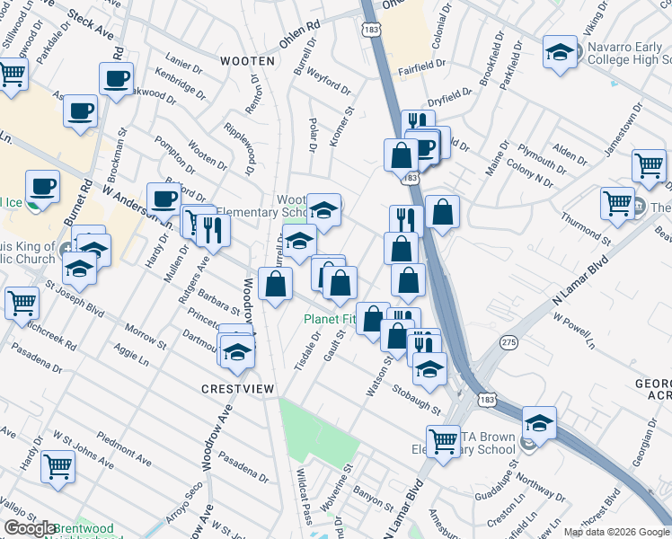 map of restaurants, bars, coffee shops, grocery stores, and more near 7919 Lazy Lane in Austin