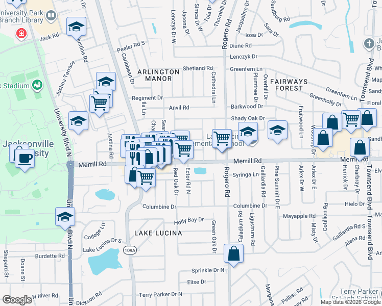 map of restaurants, bars, coffee shops, grocery stores, and more near 6238 Ashwood Lane in Jacksonville