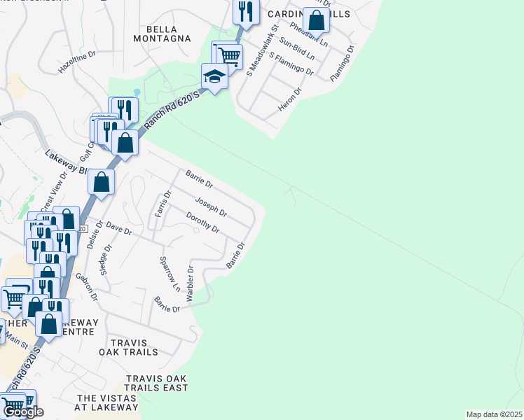 map of restaurants, bars, coffee shops, grocery stores, and more near 15086 Barrie Drive in Austin