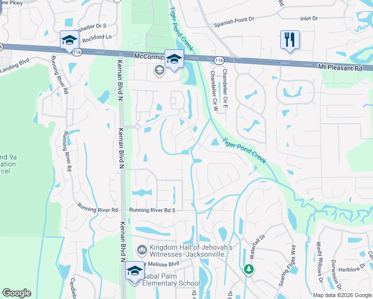 map of restaurants, bars, coffee shops, grocery stores, and more near 1651 Kernan Forest Court in Jacksonville