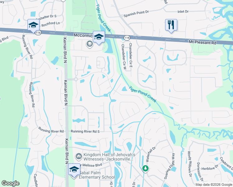 map of restaurants, bars, coffee shops, grocery stores, and more near 1693 Hidden Forest Lane in Jacksonville
