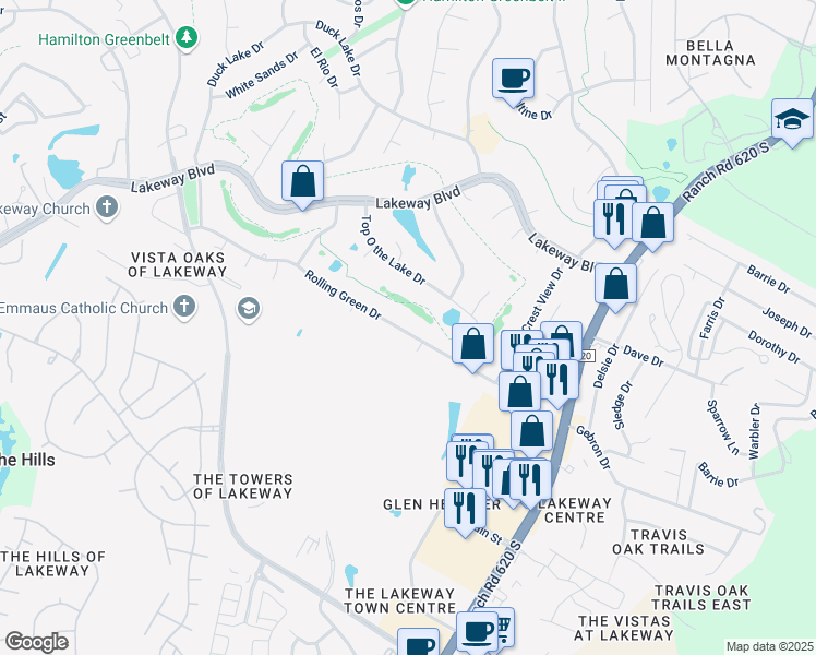map of restaurants, bars, coffee shops, grocery stores, and more near 504 Rolling Green Drive in Lakeway
