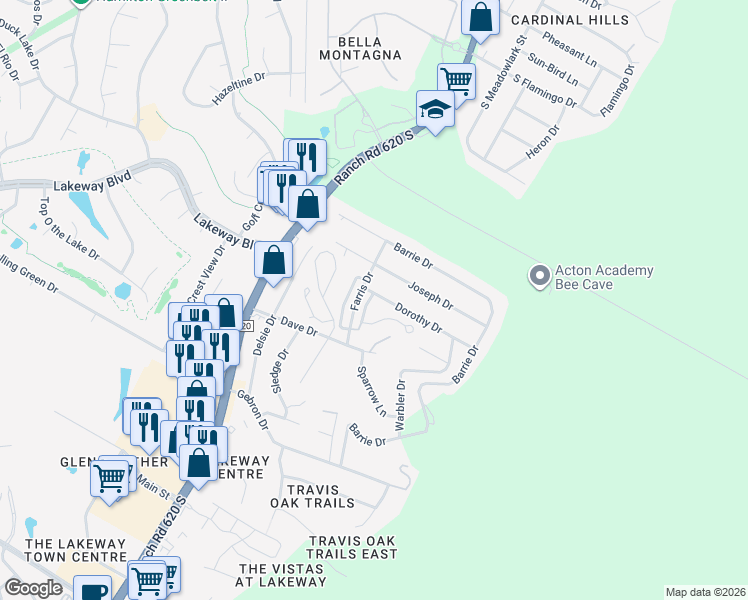 map of restaurants, bars, coffee shops, grocery stores, and more near 33 Stone Terrace Drive in Lakeway
