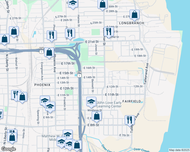map of restaurants, bars, coffee shops, grocery stores, and more near 1517 East 14th Street in Jacksonville