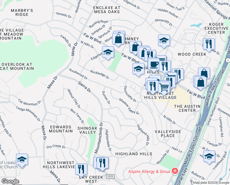 map of restaurants, bars, coffee shops, grocery stores, and more near 6601 Shadow Valley Drive in Austin