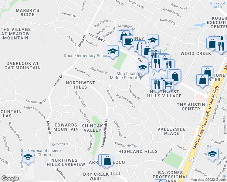 map of restaurants, bars, coffee shops, grocery stores, and more near 6602 Shadow Valley Drive in Austin