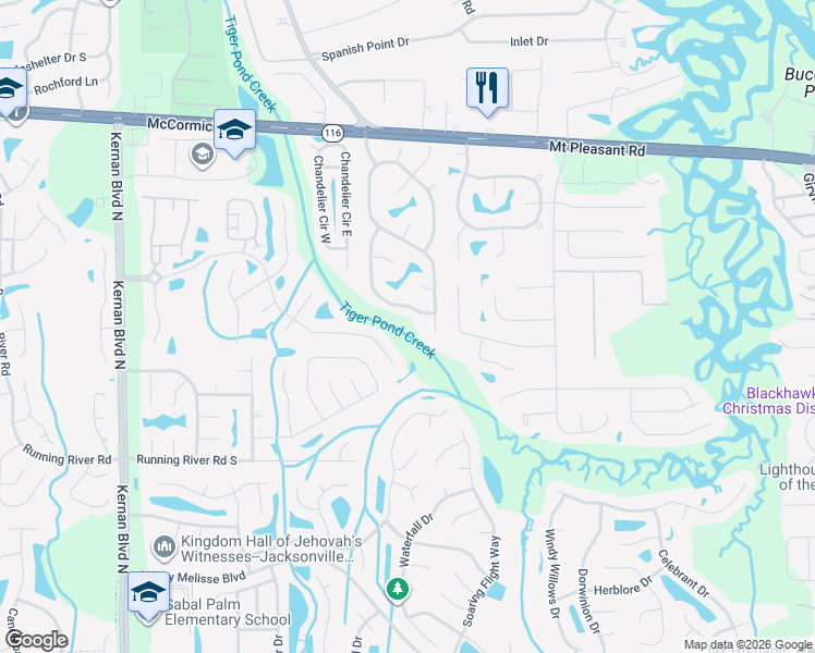 map of restaurants, bars, coffee shops, grocery stores, and more near 13934 Ponderosa Pine Drive East in Jacksonville