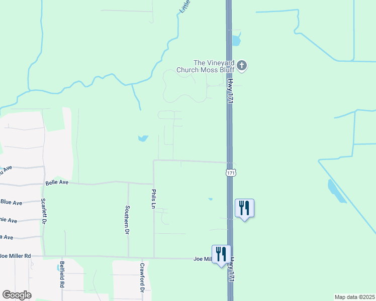 map of restaurants, bars, coffee shops, grocery stores, and more near 256 Phils Lane in Lake Charles