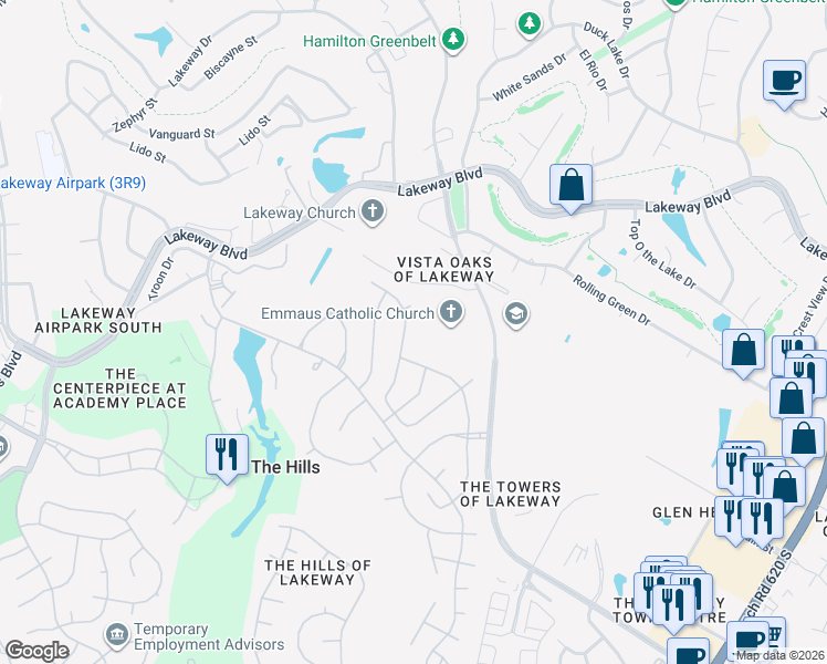map of restaurants, bars, coffee shops, grocery stores, and more near 54 Lost Meadow Trail in The Hills