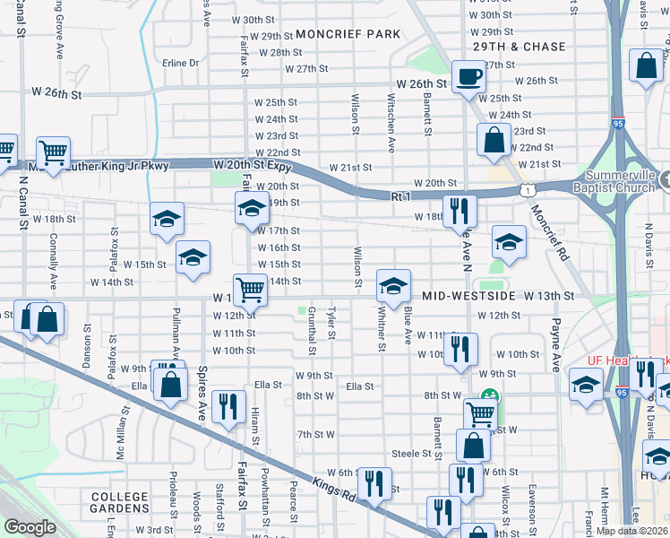 map of restaurants, bars, coffee shops, grocery stores, and more near 1594 West 15th Street in Jacksonville