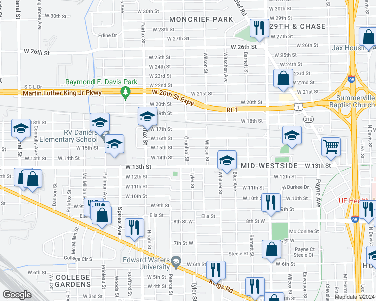 map of restaurants, bars, coffee shops, grocery stores, and more near 1594 West 15th Street in Jacksonville