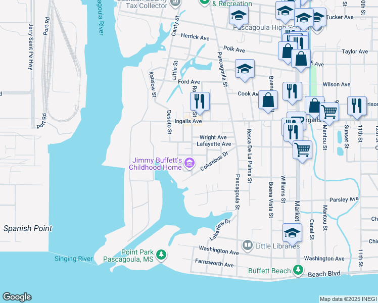 map of restaurants, bars, coffee shops, grocery stores, and more near 811 Mc Kinley Avenue in Pascagoula