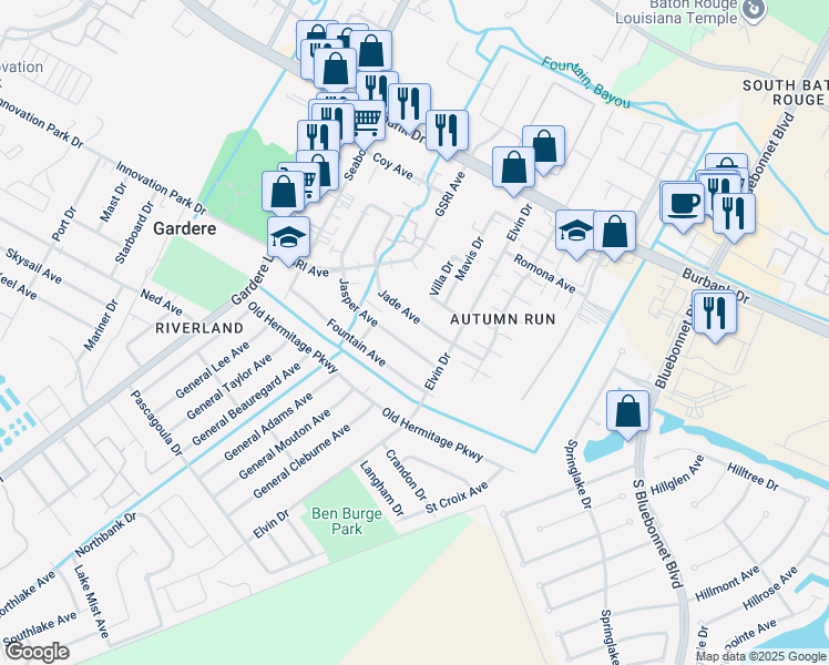map of restaurants, bars, coffee shops, grocery stores, and more near 1907 Jasper Avenue in Baton Rouge
