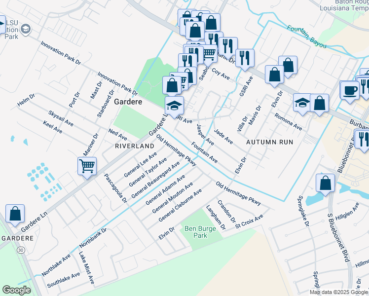 map of restaurants, bars, coffee shops, grocery stores, and more near 1712 Fountain Avenue in Baton Rouge