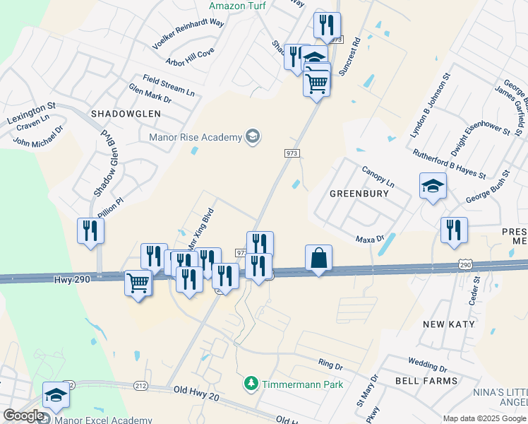 map of restaurants, bars, coffee shops, grocery stores, and more near 13191-13481 Farm to Market 973 in Manor
