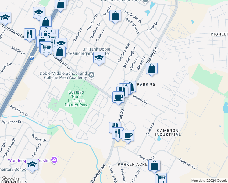 map of restaurants, bars, coffee shops, grocery stores, and more near 1400 Marlborough Circle in Austin