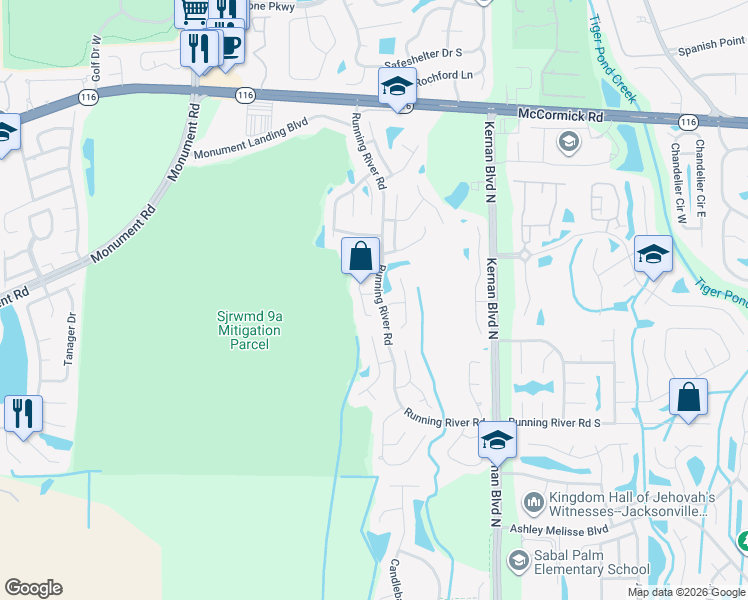 map of restaurants, bars, coffee shops, grocery stores, and more near 12140 Babbling Brook Drive in Jacksonville