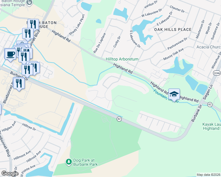 map of restaurants, bars, coffee shops, grocery stores, and more near 323 Grand Lakes Drive in Baton Rouge