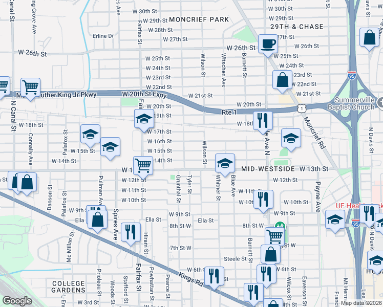 map of restaurants, bars, coffee shops, grocery stores, and more near 1594 West 15th Street in Jacksonville