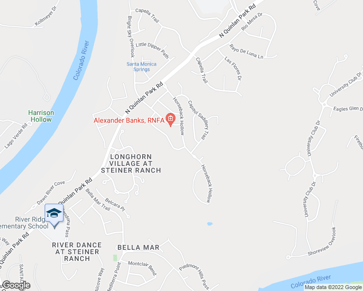 map of restaurants, bars, coffee shops, grocery stores, and more near 12500 Rush Creek Lane in Austin