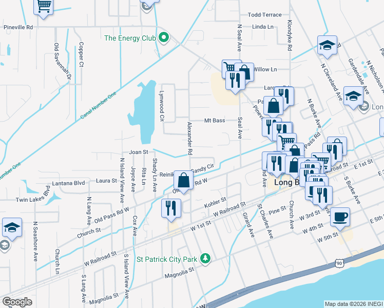 map of restaurants, bars, coffee shops, grocery stores, and more near 258 Alexander Road in Long Beach