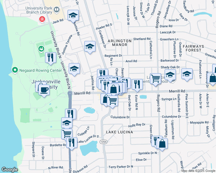 map of restaurants, bars, coffee shops, grocery stores, and more near 2824 Florida 109A in Jacksonville