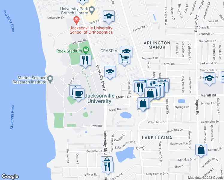 map of restaurants, bars, coffee shops, grocery stores, and more near 5629 Merrill Road in Jacksonville