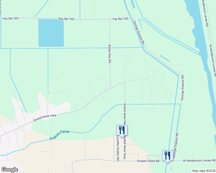 map of restaurants, bars, coffee shops, grocery stores, and more near 1367-1369 Grand Anse Highway in Breaux Bridge