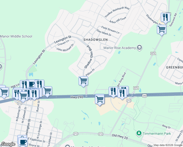 map of restaurants, bars, coffee shops, grocery stores, and more near 11601 Pillion Place in Manor