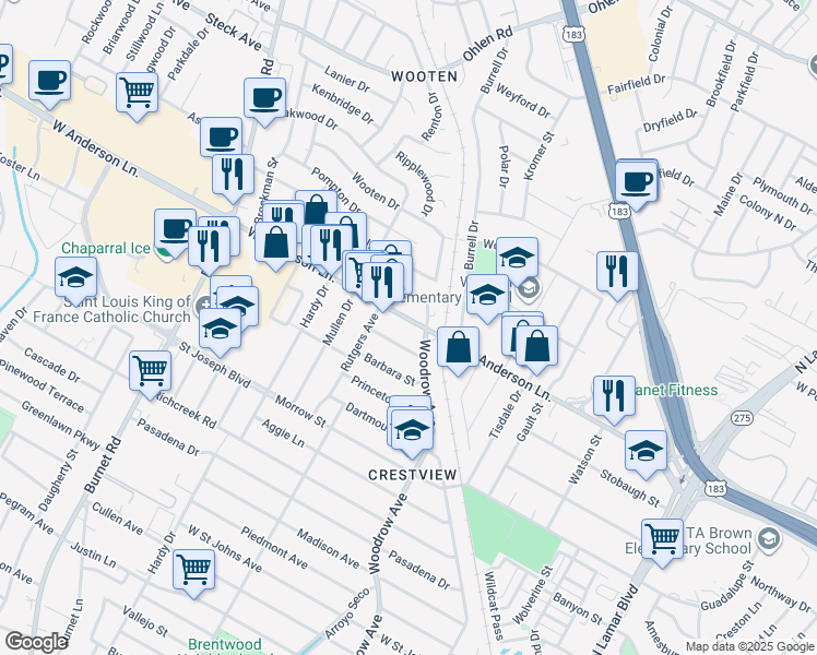 map of restaurants, bars, coffee shops, grocery stores, and more near 1701 West Anderson Lane in Austin