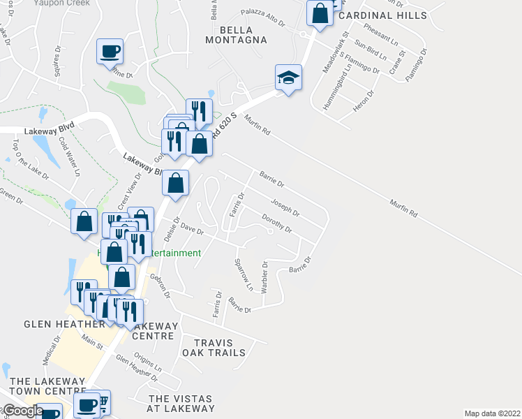 map of restaurants, bars, coffee shops, grocery stores, and more near 15206 Dorothy Drive in Austin