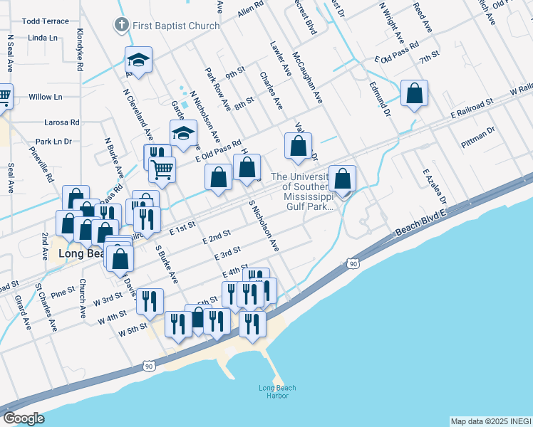 map of restaurants, bars, coffee shops, grocery stores, and more near 402 East 2nd Street in Long Beach