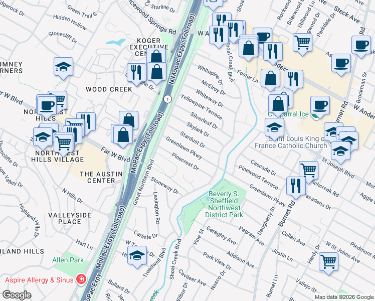 map of restaurants, bars, coffee shops, grocery stores, and more near 3105 Greenlawn Pkwy in Austin