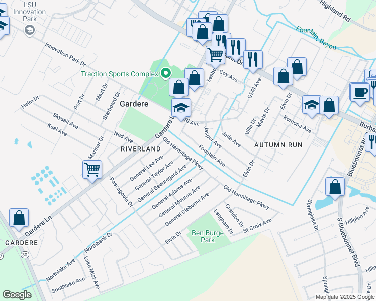 map of restaurants, bars, coffee shops, grocery stores, and more near 8835 Old Hermitage Parkway in Baton Rouge