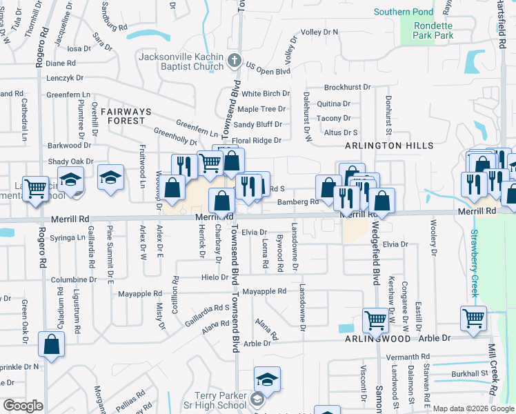 map of restaurants, bars, coffee shops, grocery stores, and more near 7293 Merrill Road in Jacksonville