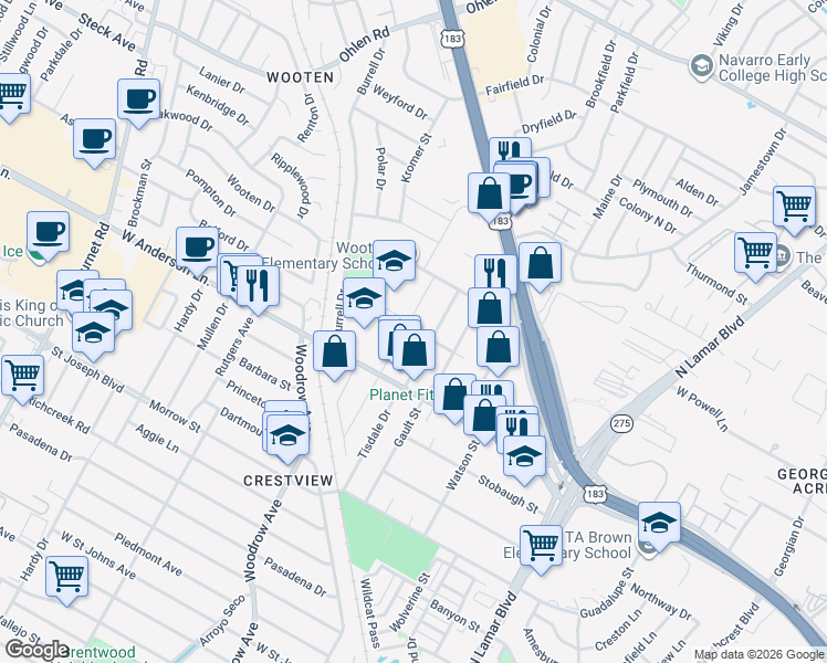 map of restaurants, bars, coffee shops, grocery stores, and more near 7921 Lazy Lane in Austin