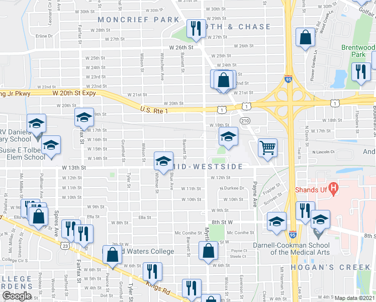 map of restaurants, bars, coffee shops, grocery stores, and more near 1358 West 15th Street in Jacksonville