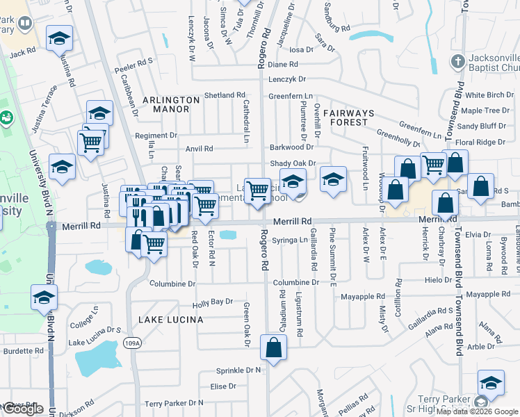 map of restaurants, bars, coffee shops, grocery stores, and more near 2820 Rogero Road in Jacksonville