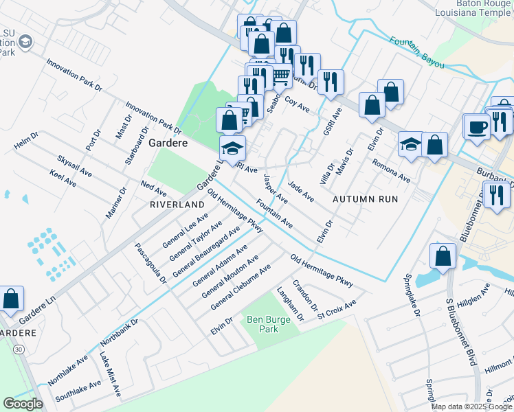 map of restaurants, bars, coffee shops, grocery stores, and more near 1712 Fountain Avenue in Baton Rouge