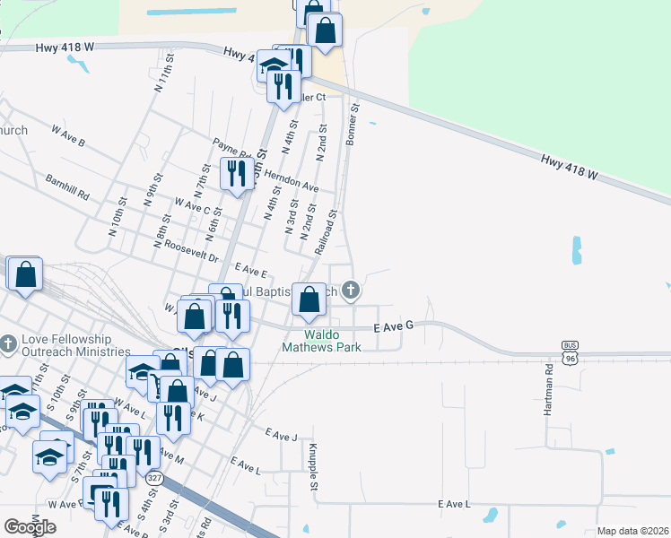 map of restaurants, bars, coffee shops, grocery stores, and more near 640 Kirby Street in Silsbee