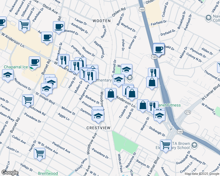 map of restaurants, bars, coffee shops, grocery stores, and more near 7904 Burrell Drive in Austin