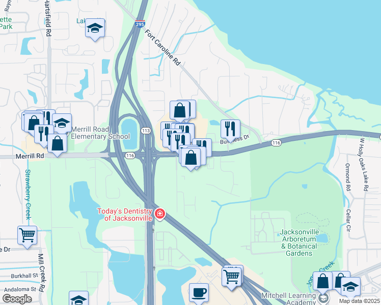 map of restaurants, bars, coffee shops, grocery stores, and more near 9129 Merrill Road in Jacksonville