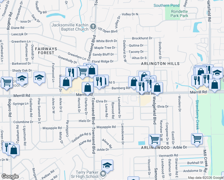 map of restaurants, bars, coffee shops, grocery stores, and more near 7336 Bamberg Road in Jacksonville